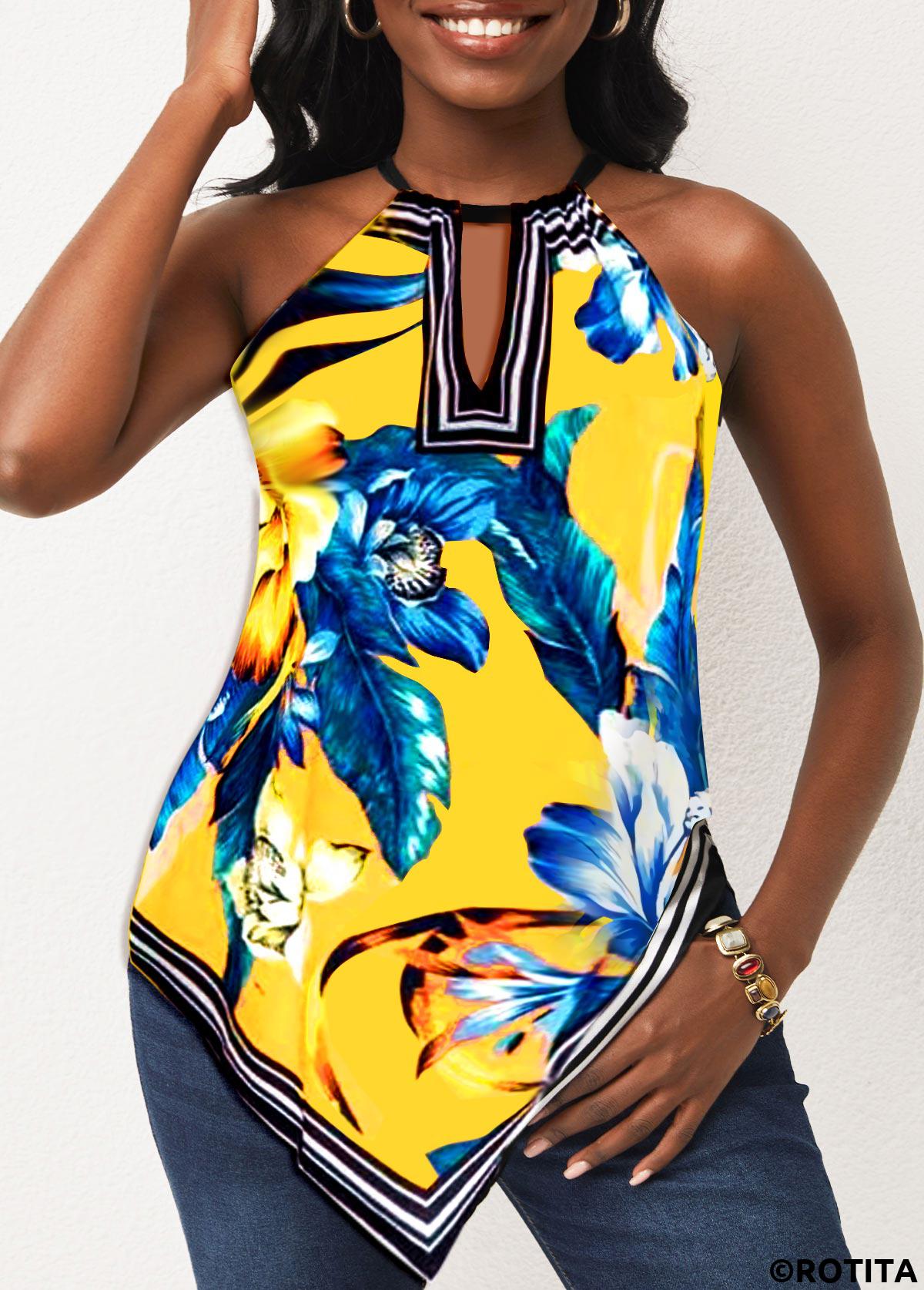 Yellow tops,Floral tops,ROTITA Yellow Asymmetric Hem Bib Neck Camisole Top