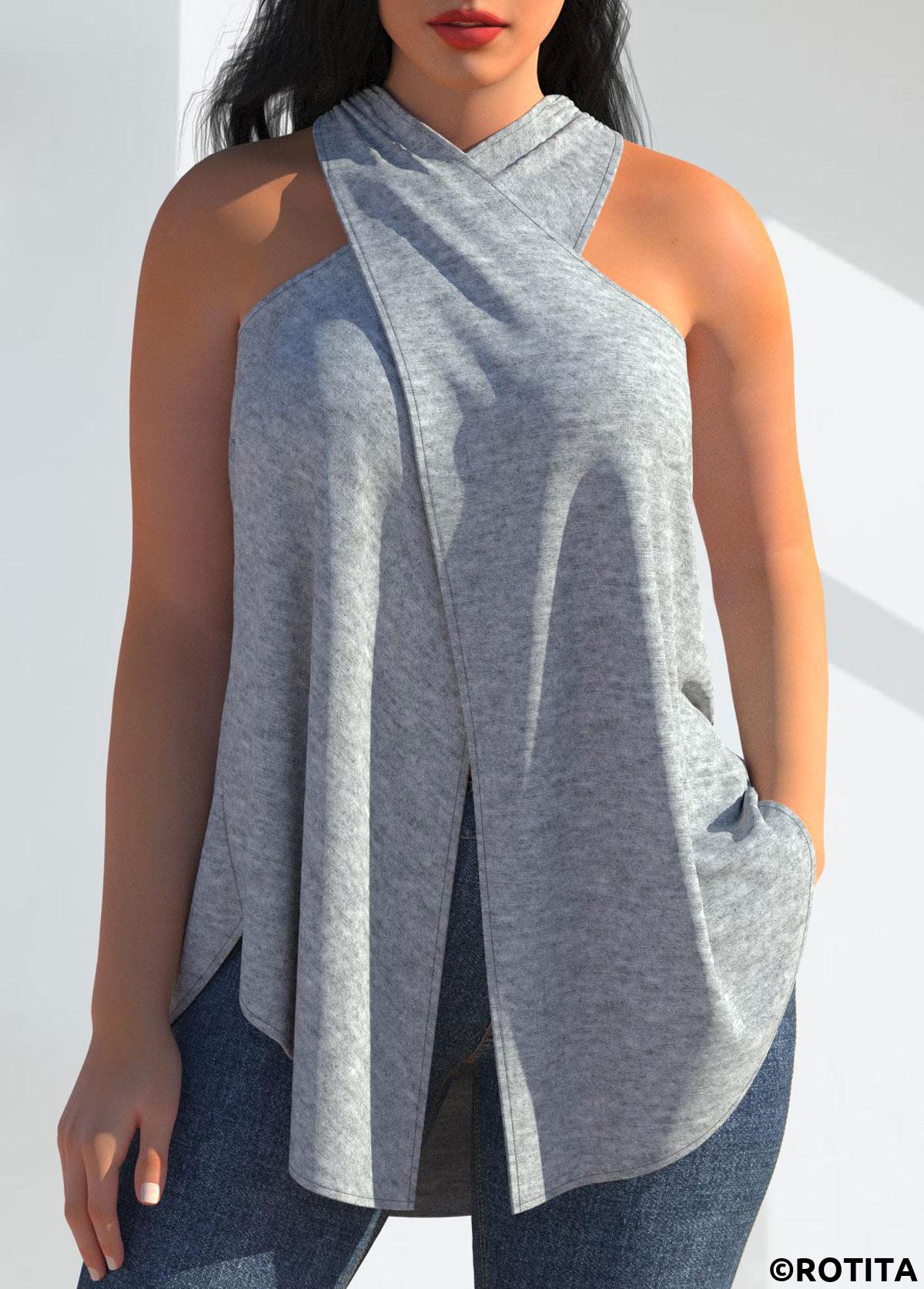 Grey tops,Plain Color tops,ROTITA Cross Halter Sleeveless Grey Tank Top