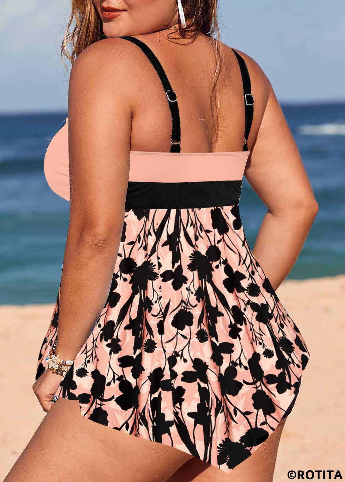 Floral plus size,ROTITA Incarnadine Pink Floral Print Plus Size Swimdress Top
