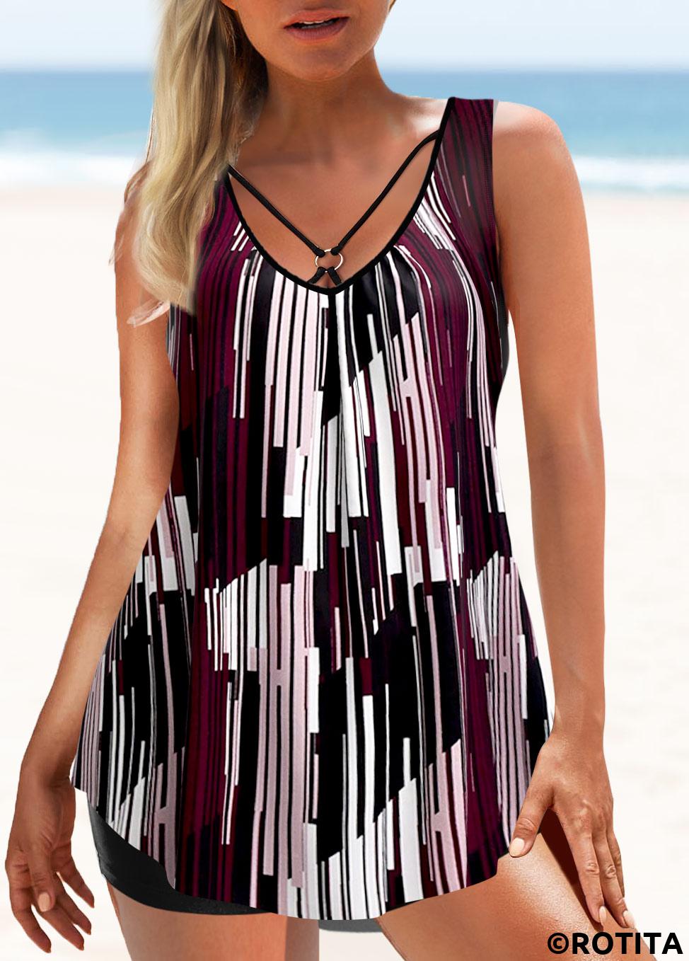 Geometric swimwear,ROTITA Metal Ring Detail Color Block Tankini Top