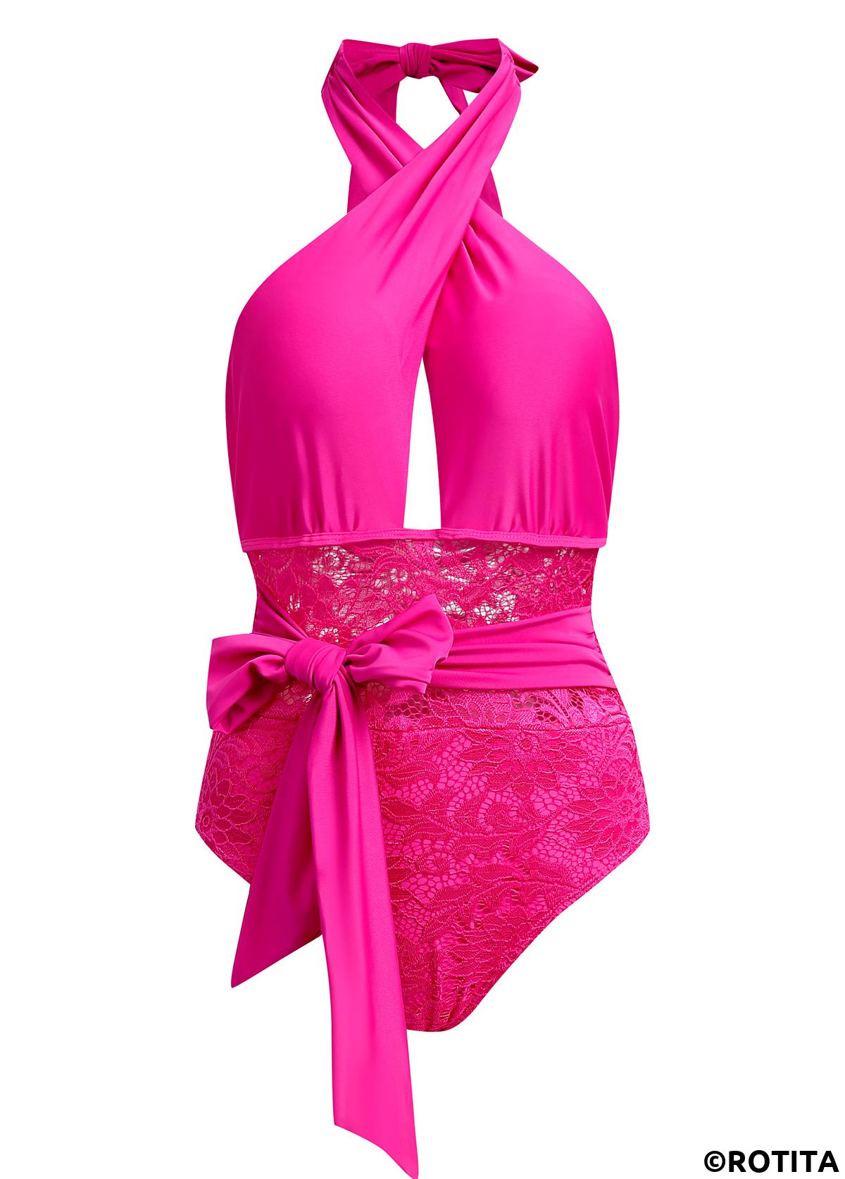 Hot Pink swimwear,Plain Color swimwear,ROTITA Lace Stitching Cross Halter Rose Red One Piece Swimwear
