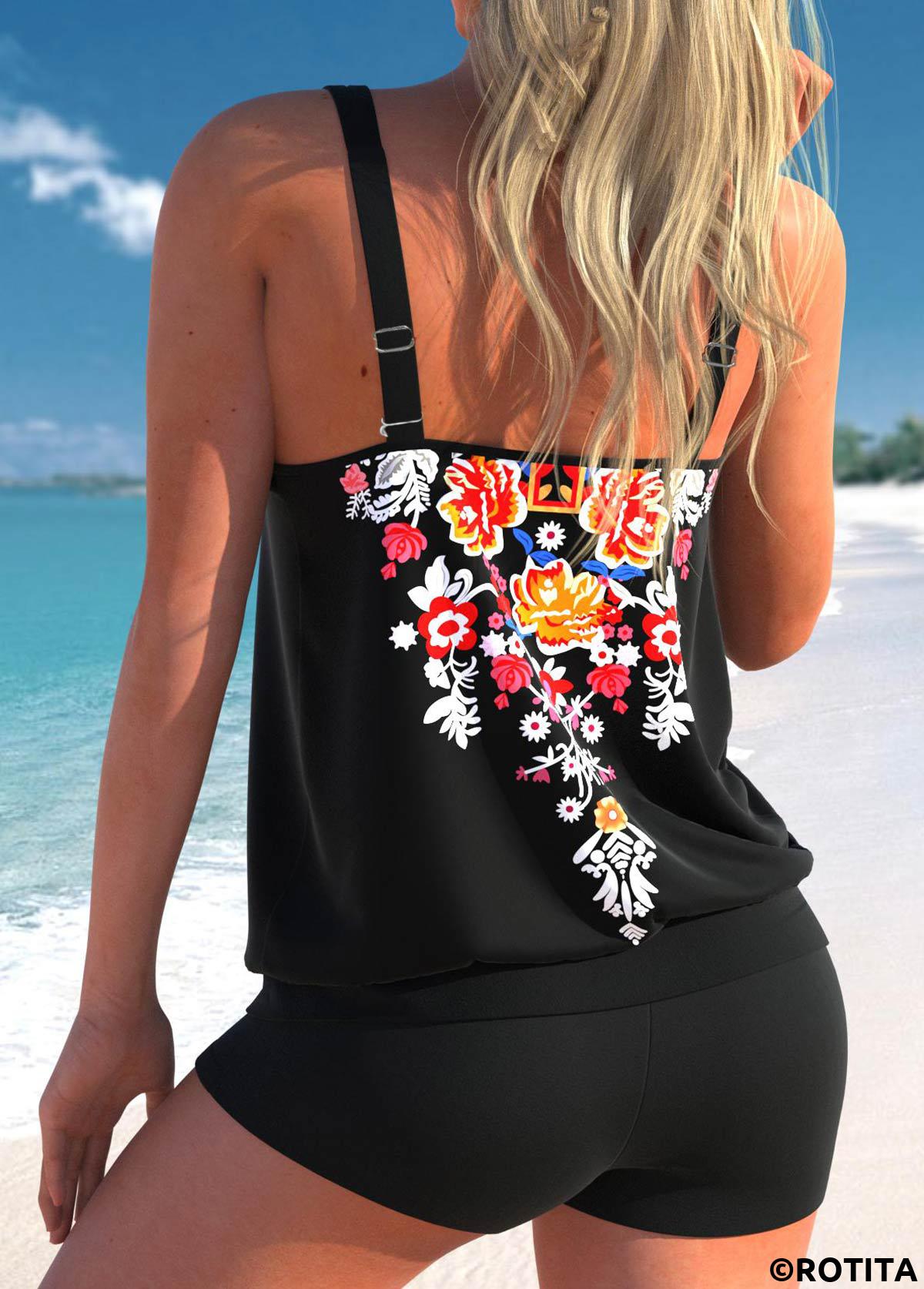 Black swimwear,Tribal swimwear,ROTITA Floral Print Black Cross Strap Tankini Top