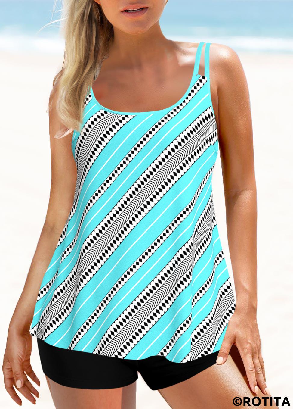 Cyan swimwear,Striped swimwear,ROTITA Cyan Asymmetric Stripe Print Swimdress Top