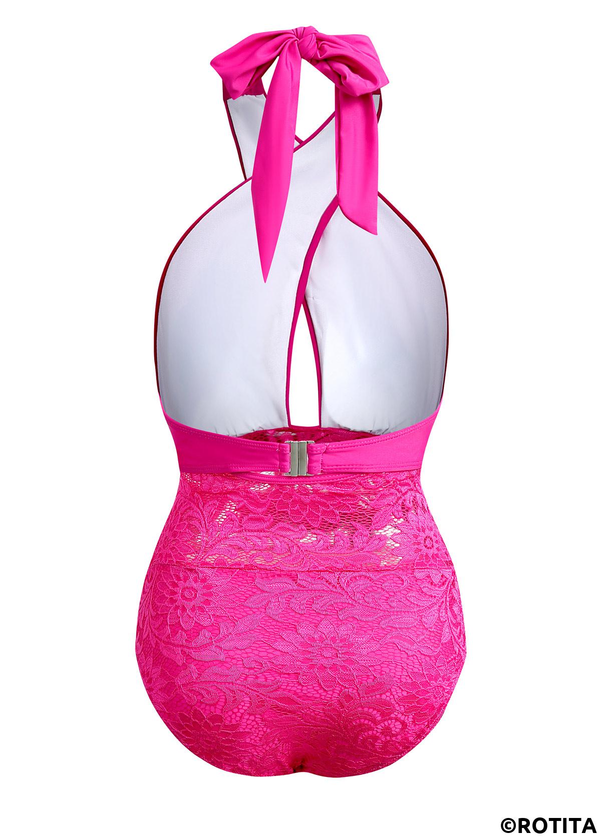 Hot Pink swimwear,Plain Color swimwear,ROTITA Lace Stitching Cross Halter Rose Red One Piece Swimwear