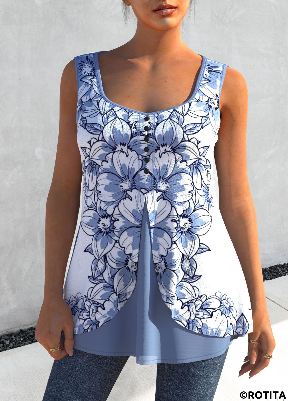 ROTITA Dusty Blue Floral Print Faux Two Piece Tank Top