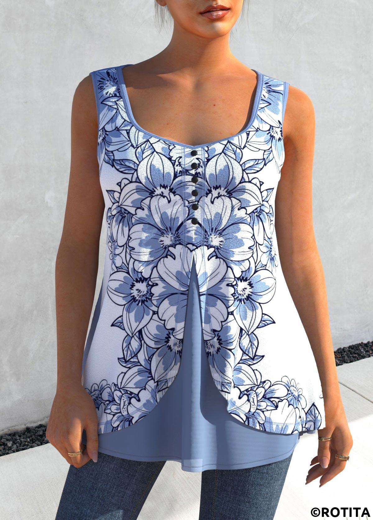 ROTITA Dusty Blue Floral Print Faux Two Piece Tank Top