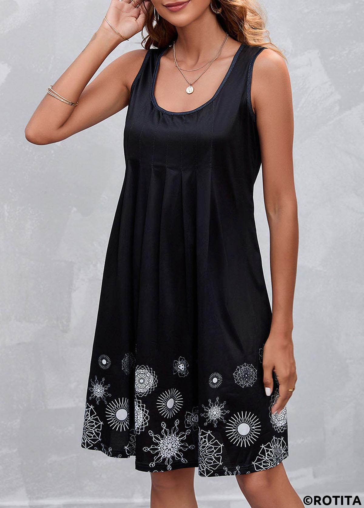 Pleated Floral Print Black A Line Scoop Neck Dress