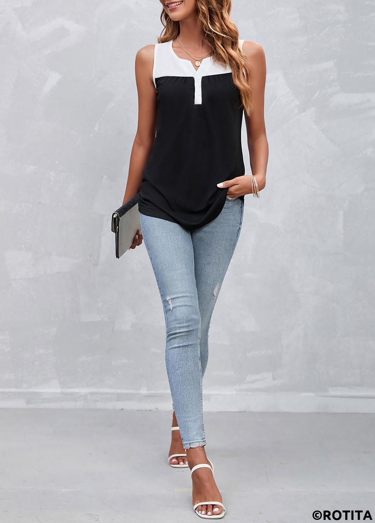 Schwarzes kontrastierendes Tanktop mit geteiltem Ausschnitt