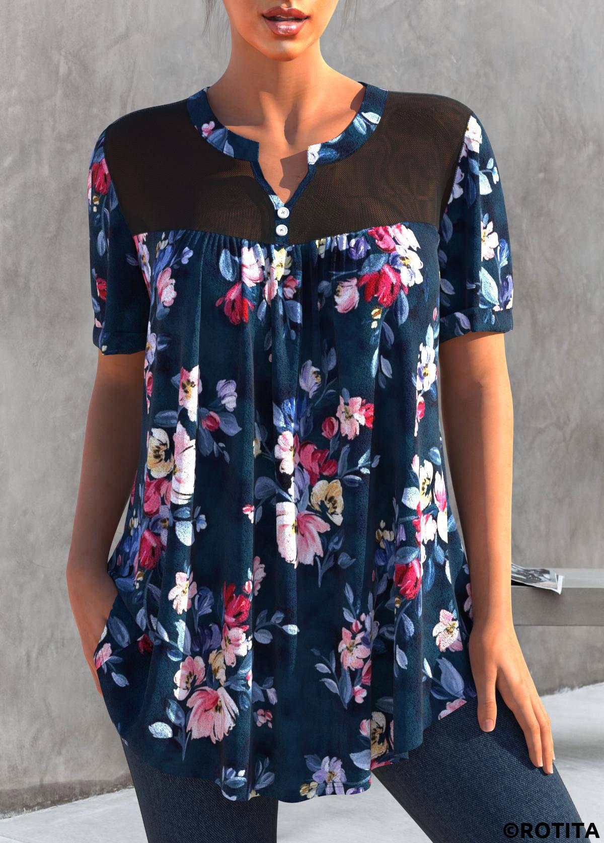 Floral tops,ROTITA Split Neck Floral Print Navy Blue T Shirt