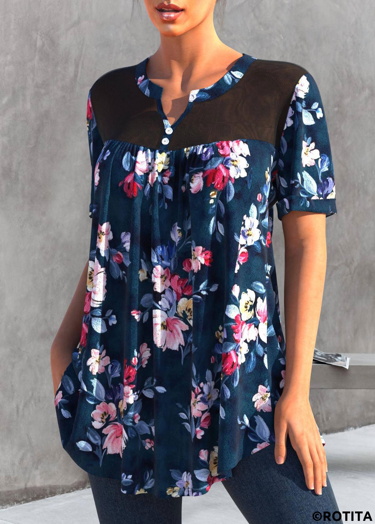 Floral tops,ROTITA Split Neck Floral Print Navy Blue T Shirt
