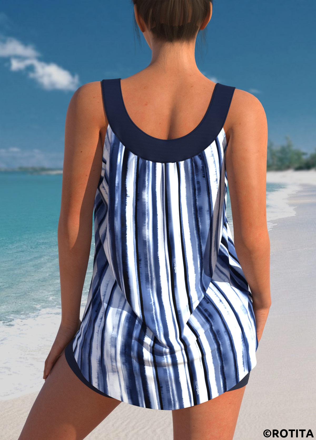 ROTITA Stripe Print Wide Strap Navy Blue Tankini Set