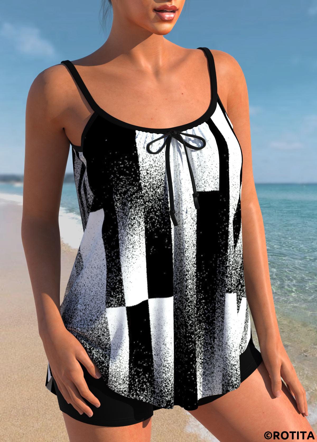 Black swimwear,Geometric swimwear,ROTITA Bowknot Black Contrast Geometric Print Tankini Top