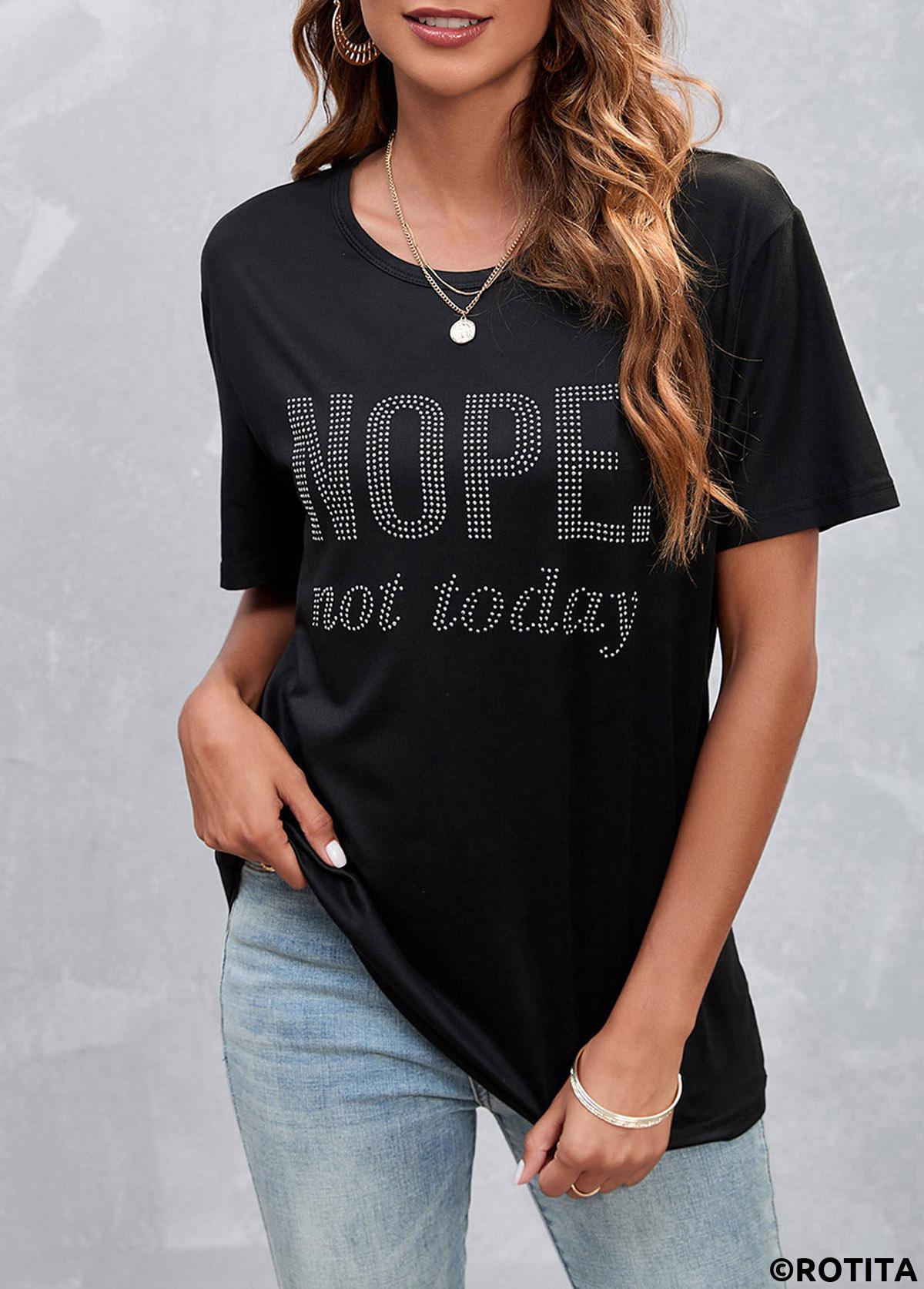 Black tops,Letter tops,Hot Drilling Black Letter Design T Shirt