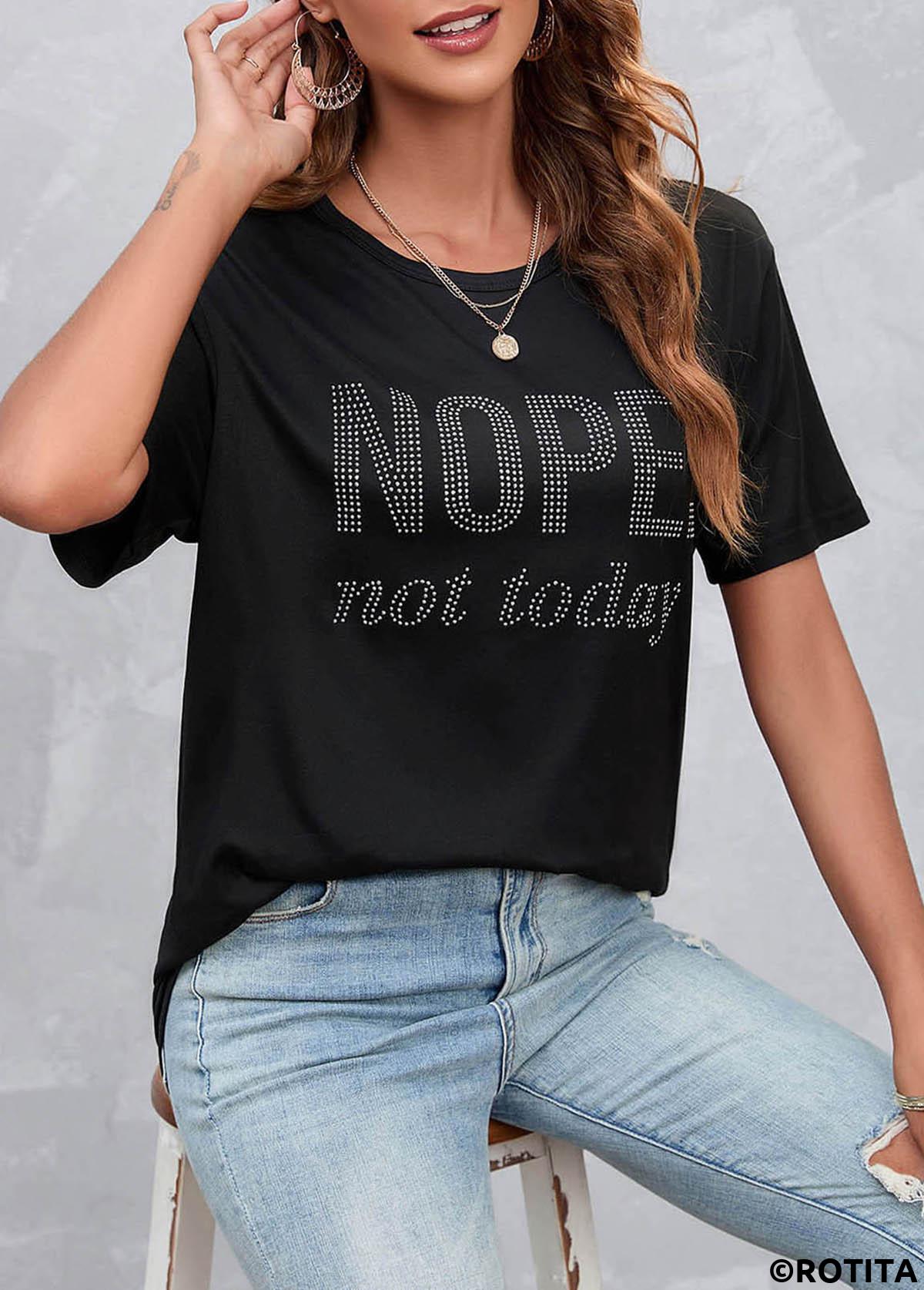 Black tops,Letter tops,Hot Drilling Black Letter Design T Shirt