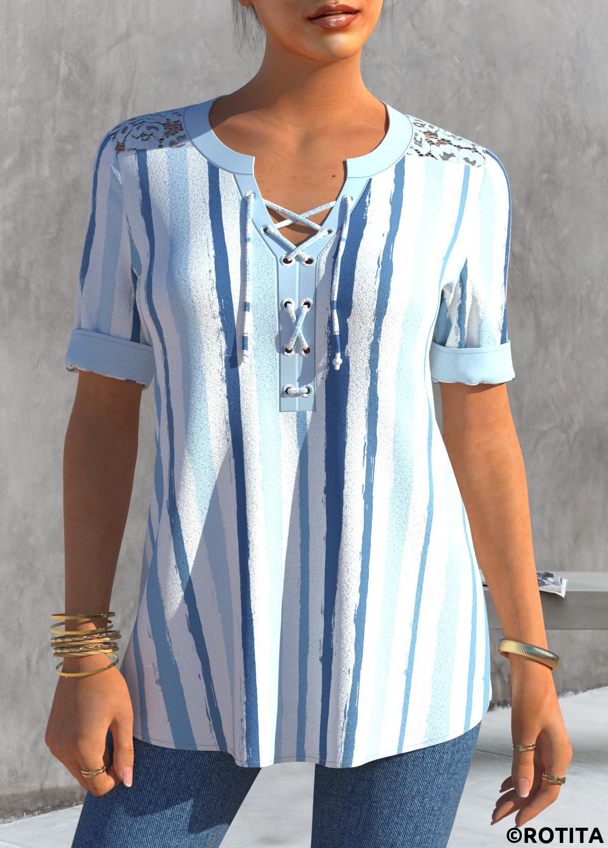 Dusty Blue tops,Striped tops,ROTITA Stripe Print Dusty Blue Lace Patchwork Blouse