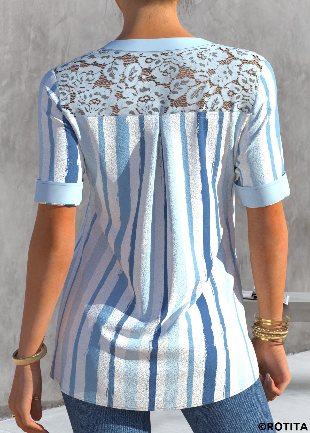 Dusty Blue tops,Striped tops,ROTITA Stripe Print Dusty Blue Lace Patchwork Blouse