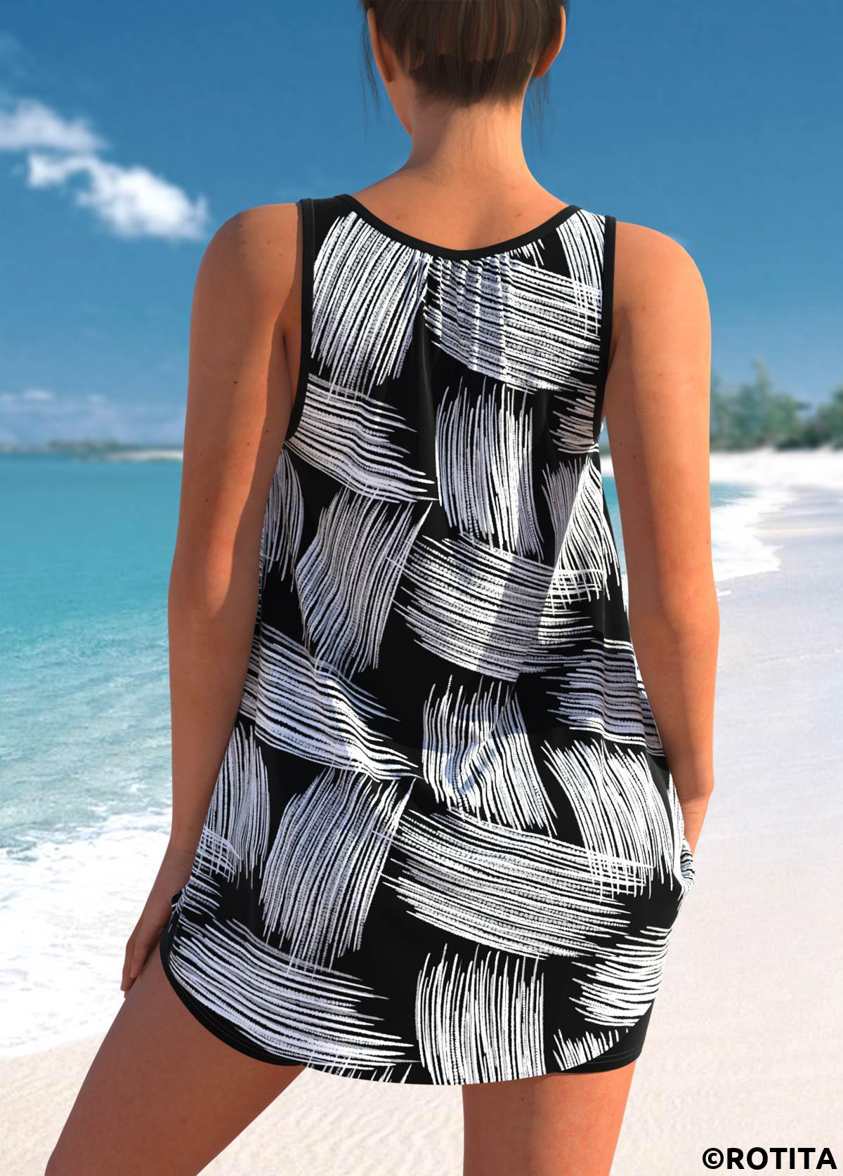 Black swimwear,Other swimwear,ROTITA Brush Stroke Print Wide Strap Black Tankini Top