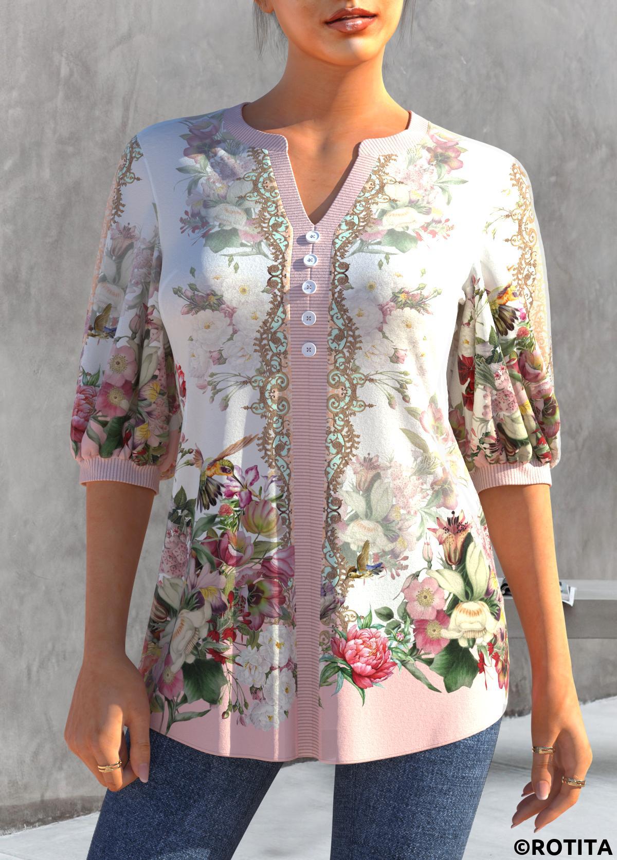 Light Pink tops,Floral tops,ROTITA Split Neck Floral Print Light Pink Blouse