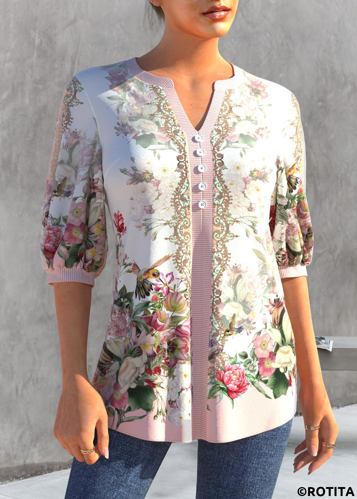 Light Pink tops,Floral tops,ROTITA Split Neck Floral Print Light Pink Blouse