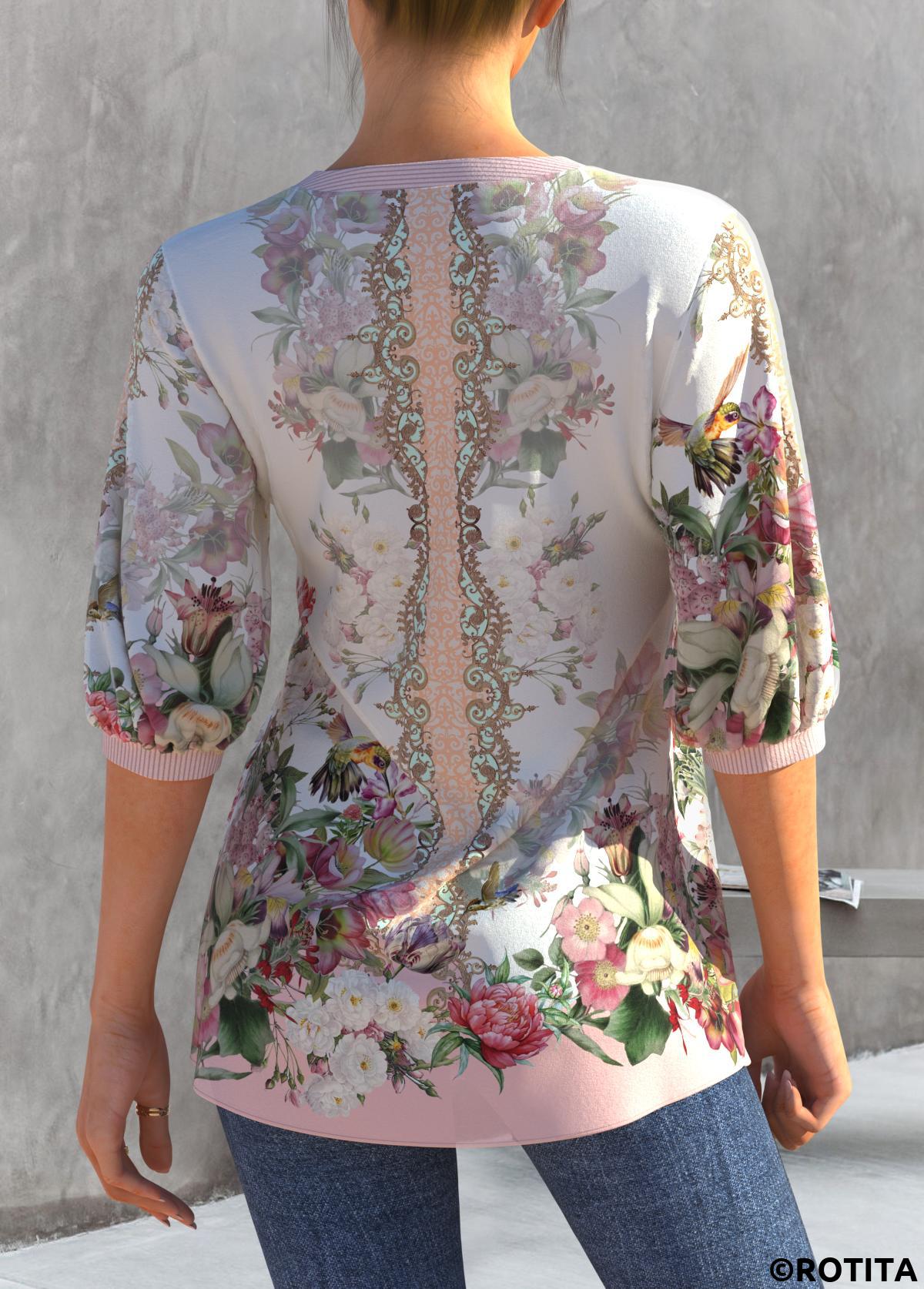 Light Pink tops,Floral tops,ROTITA Split Neck Floral Print Light Pink Blouse