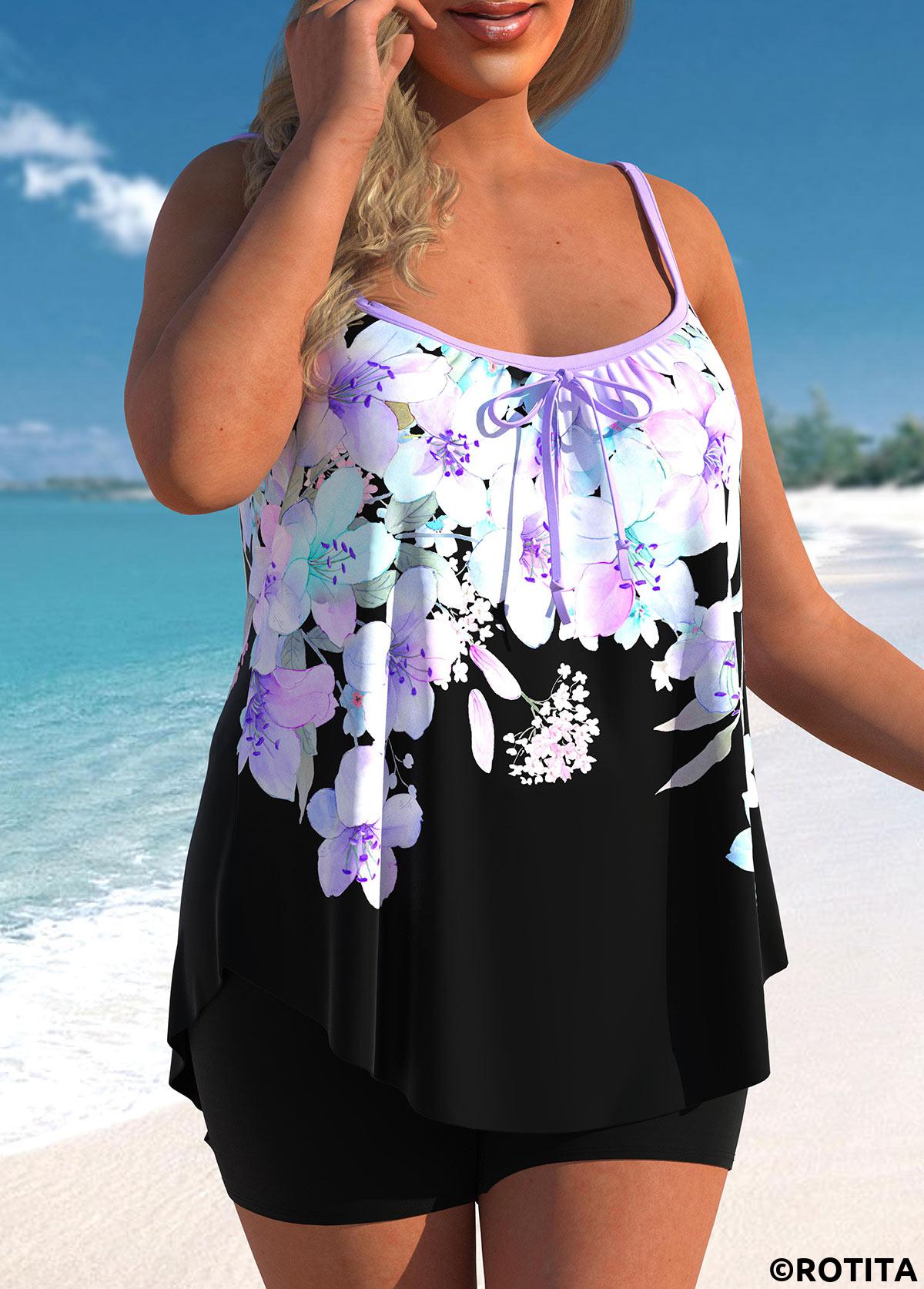 Light Purple swimwear,Floral swimwear,ROTITA Floral Print Bowknot Light Purple Tankini Top