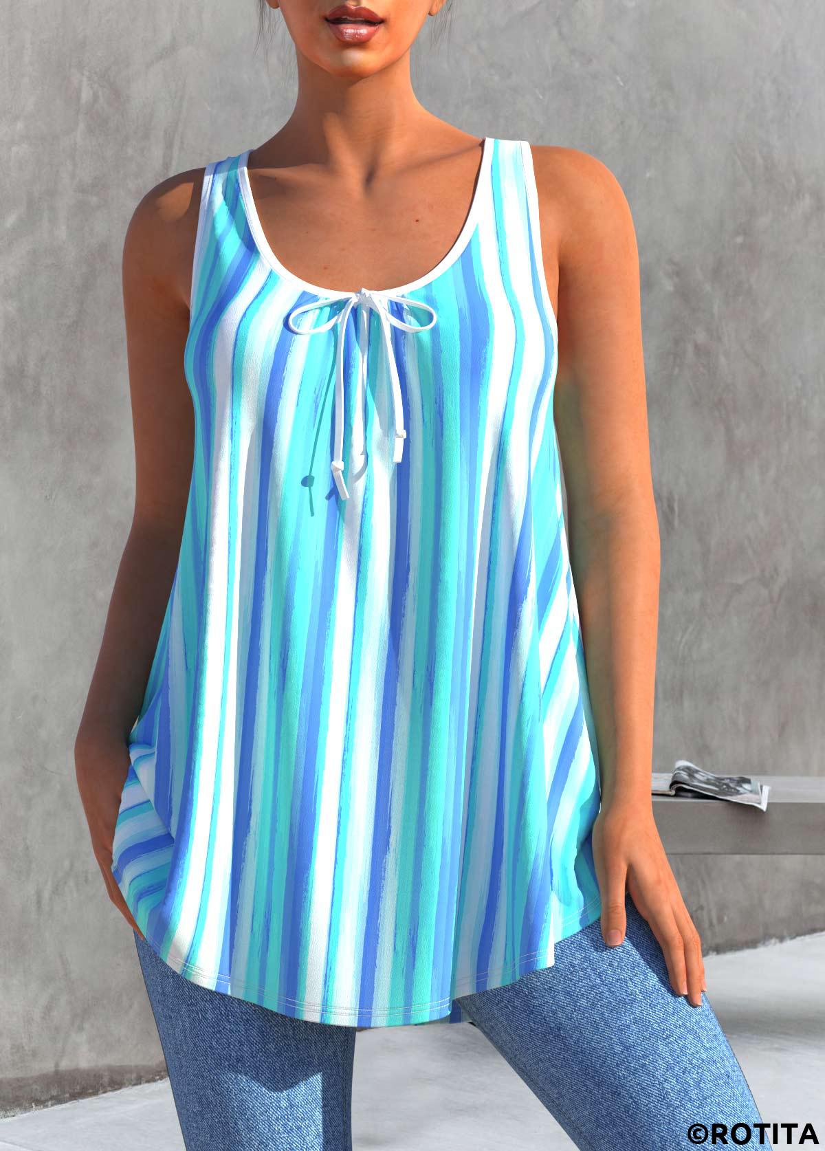 Sky Blue tops,Striped tops,ROTITA Striped Sky Blue Bowknot Tank Top