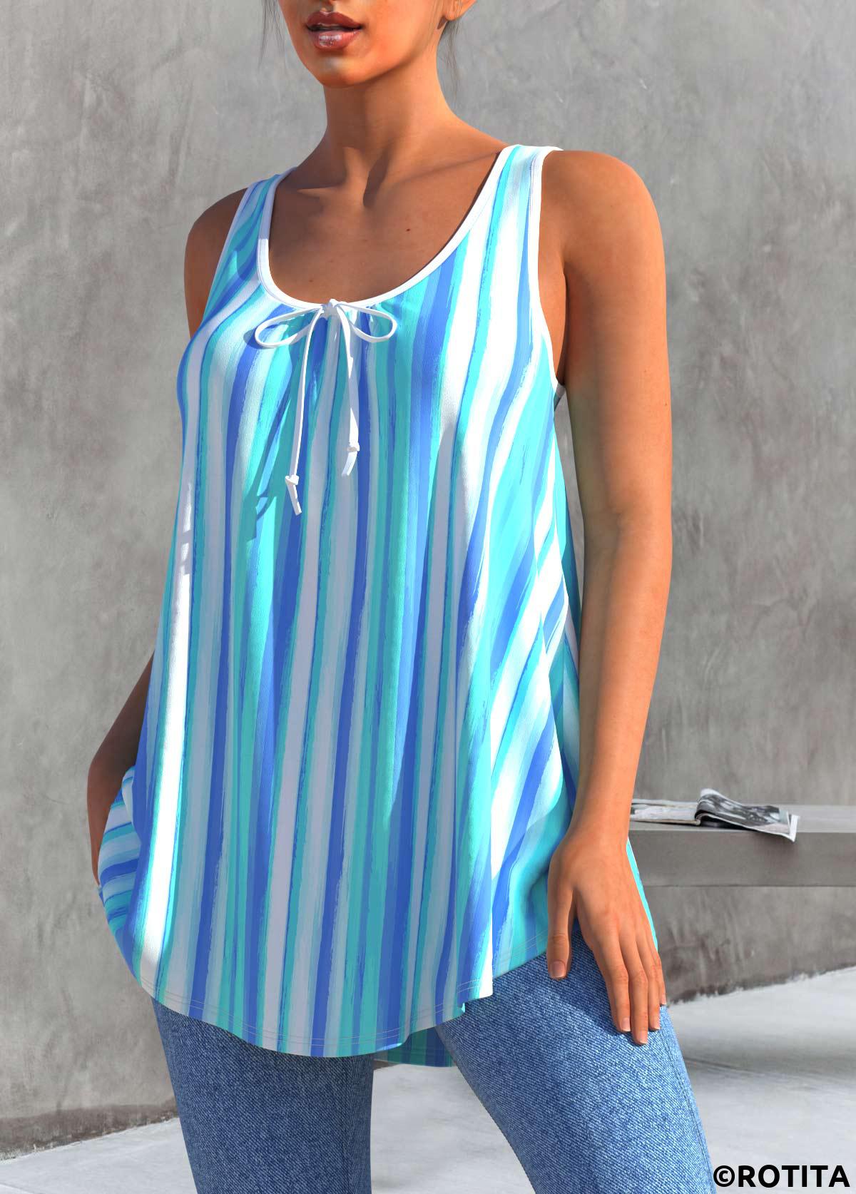 Sky Blue tops,Striped tops,ROTITA Striped Sky Blue Bowknot Tank Top