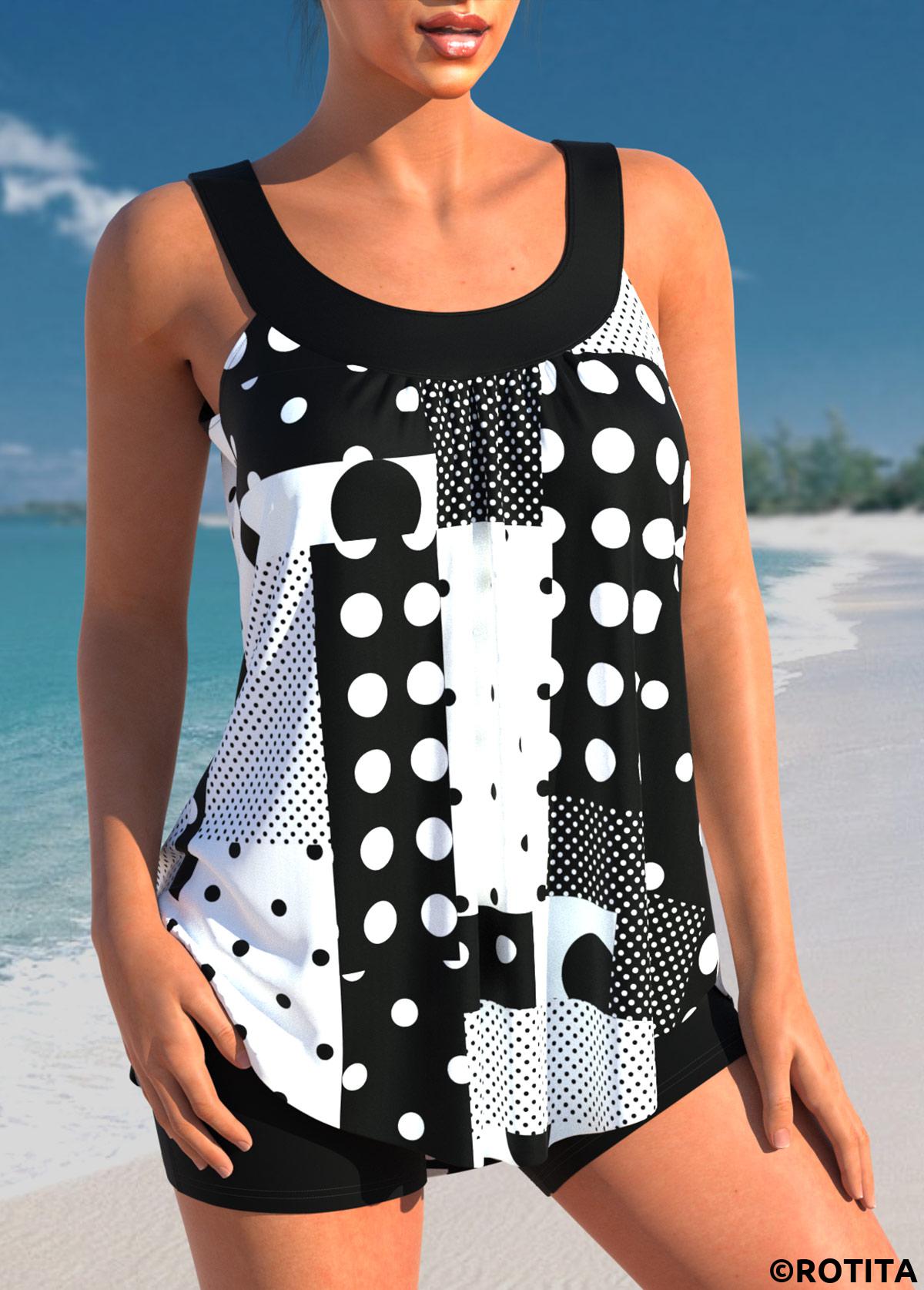 Black swimwear,Dot swimwear,ROTITA Geometric Print Polka Dot Black Tankini Top