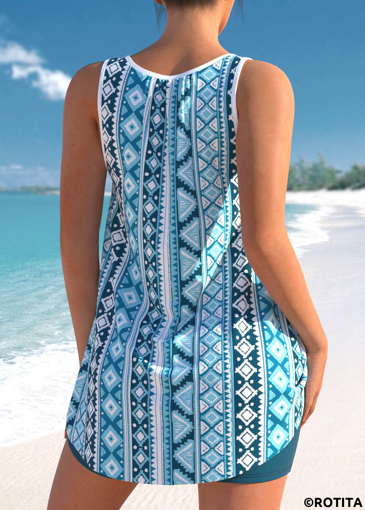 Light Blue swimwear,Tribal swimwear,ROTITA Geometric Print Bowknot Sky Blue Tankini Set