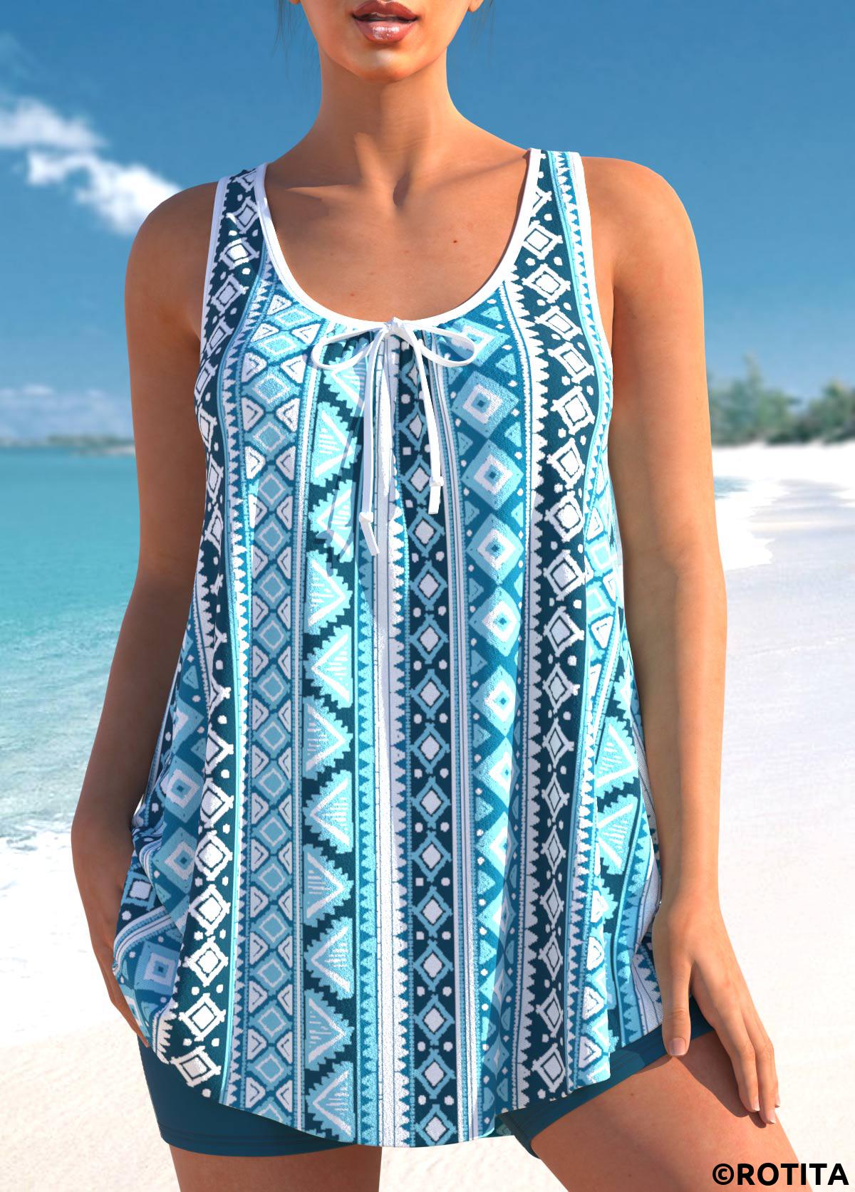 Light Blue swimwear,Tribal swimwear,ROTITA Geometric Print Bowknot Sky Blue Tankini Set