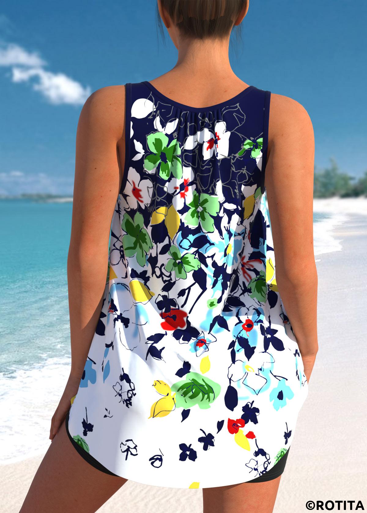 Multi Color swimwear,Floral swimwear,ROTITA Floral Print Bowknot Multi Color Tankini Top