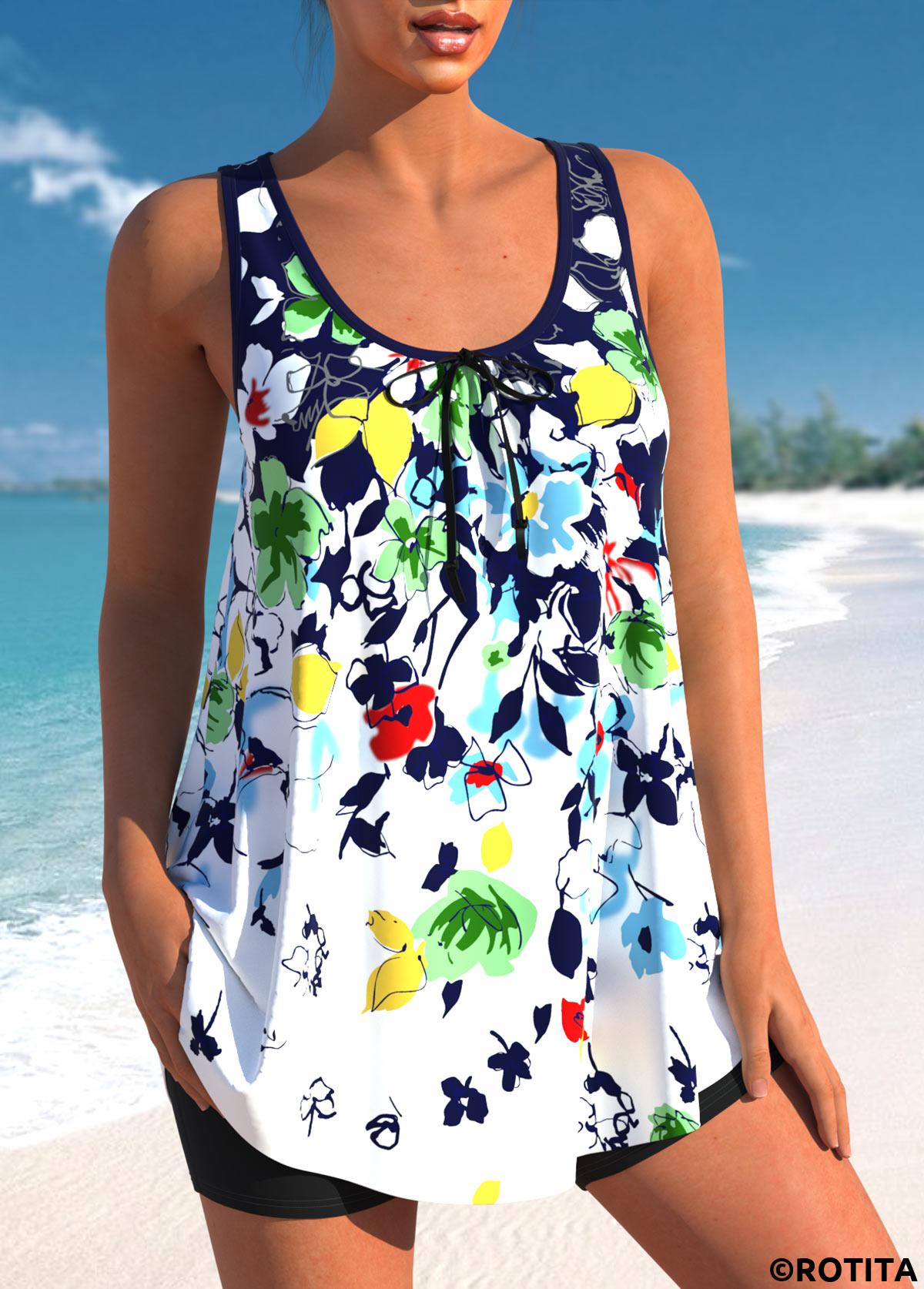 Multi Color swimwear,Floral swimwear,ROTITA Floral Print Bowknot Multi Color Tankini Top