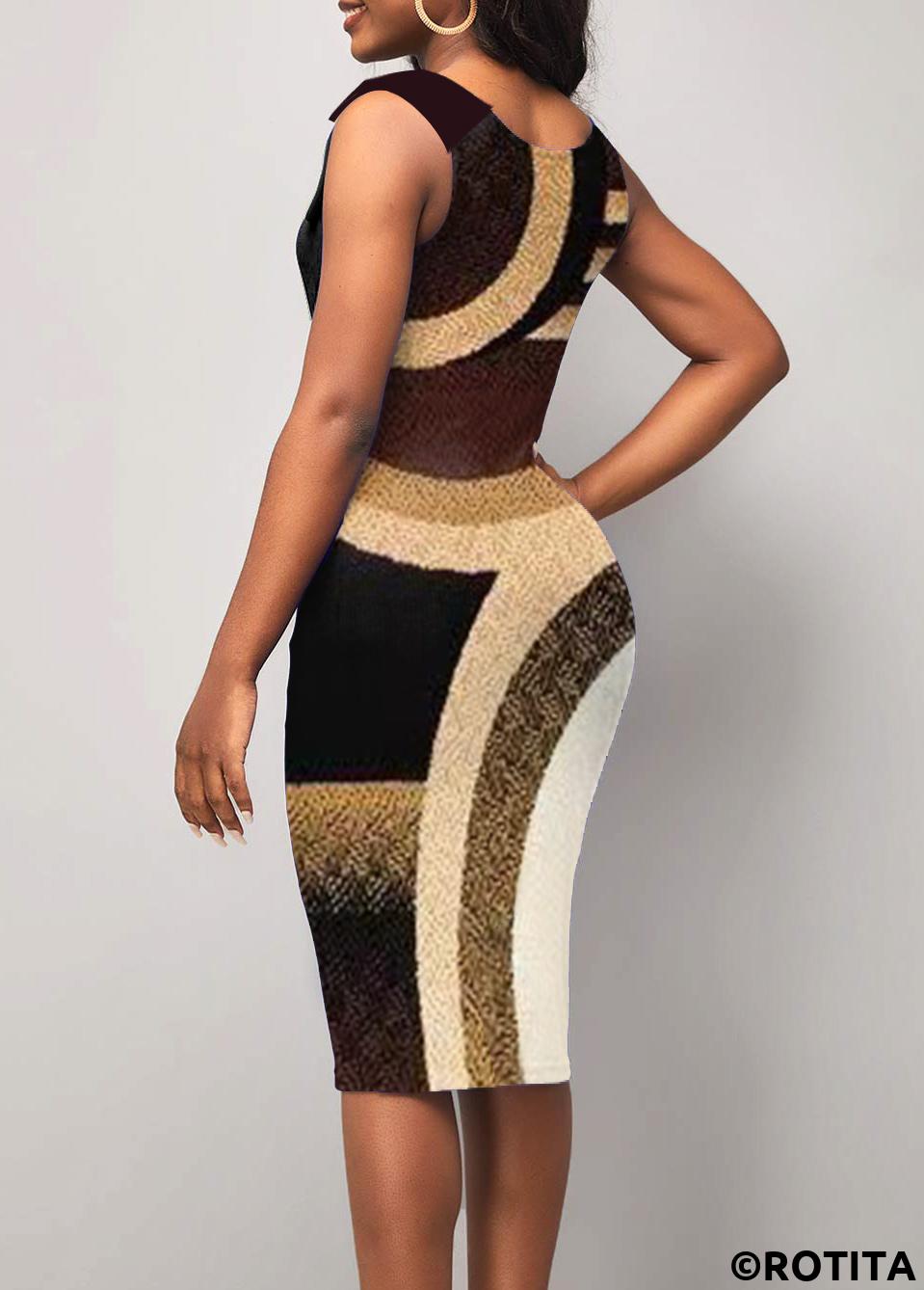Printed Sleeveless Brown V Neck Dress