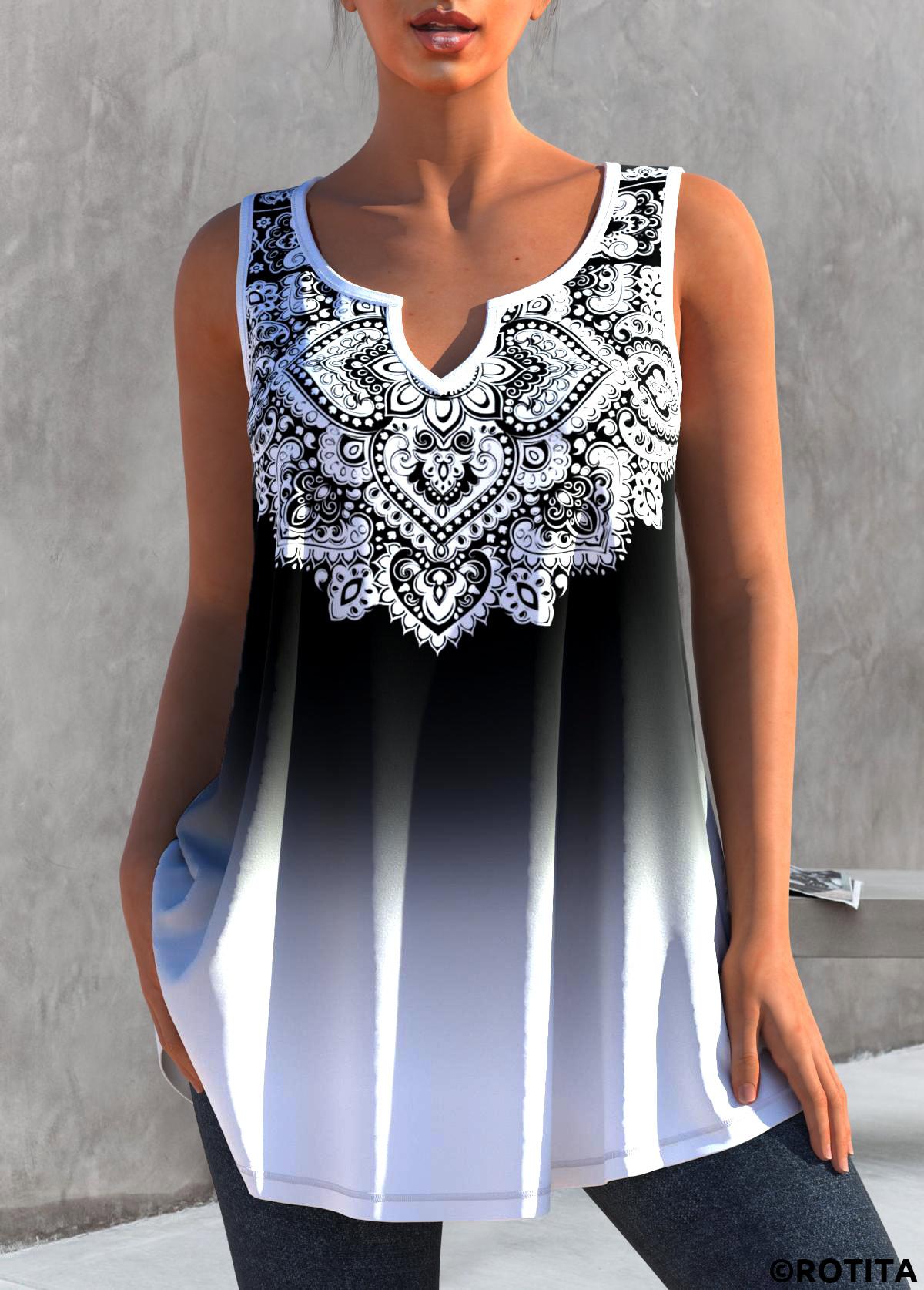 White tops,Ombre tops,ROTITA Tribal Print Ombre Split Neck White Tank Top