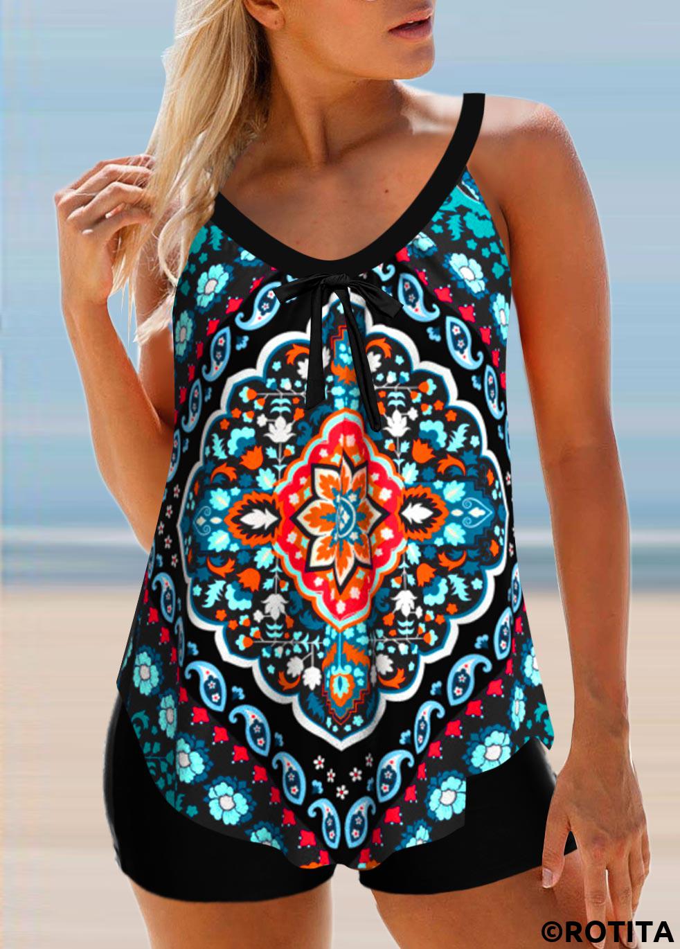 Multi Color swimwear,Tribal swimwear,ROTITA Bowknot Tribal Print Multi Color Tankini Top