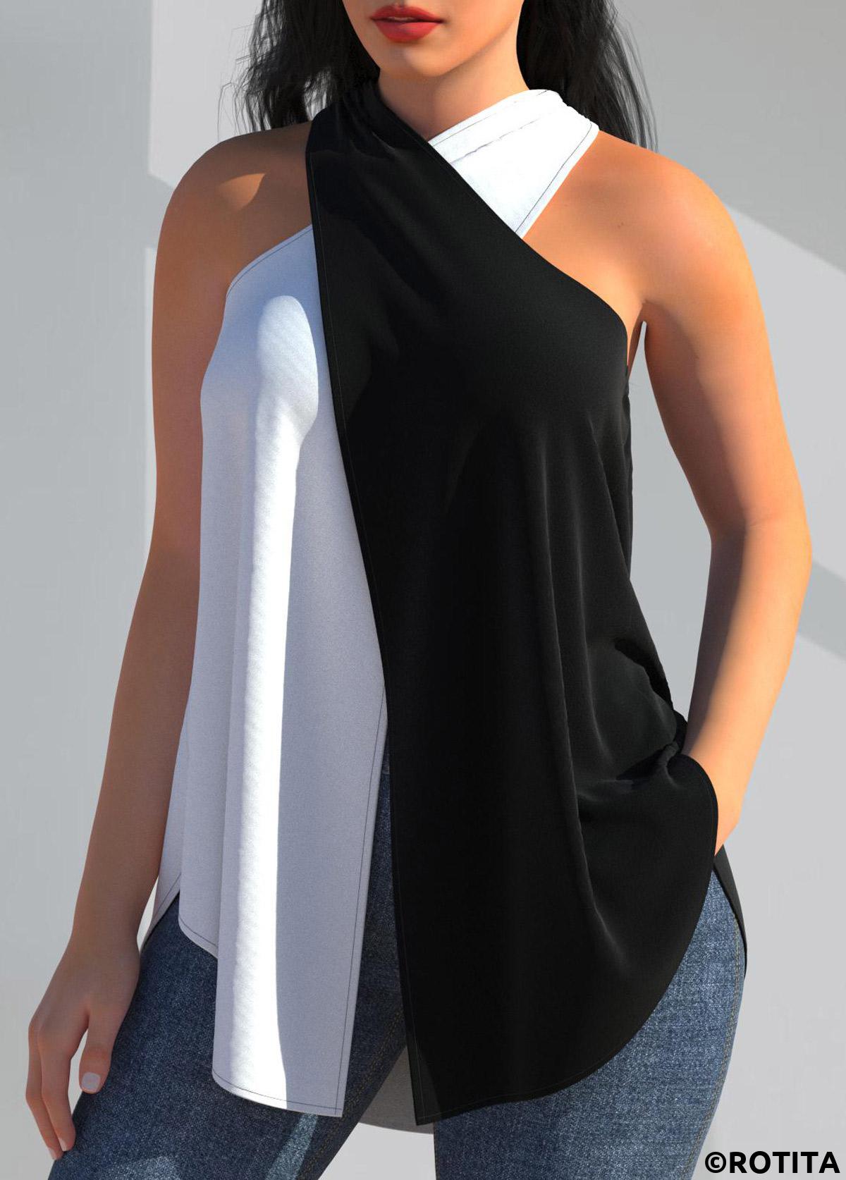 Black tops,Contrast Color tops,ROTITA Black Cross Halter Sleeveless Contrast Tank Top
