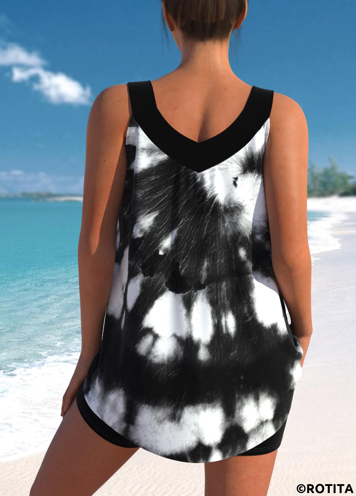 Black swimwear,Tie Dye swimwear,ROTITA Black Tie Dye Print Wide Strap Tankini Top