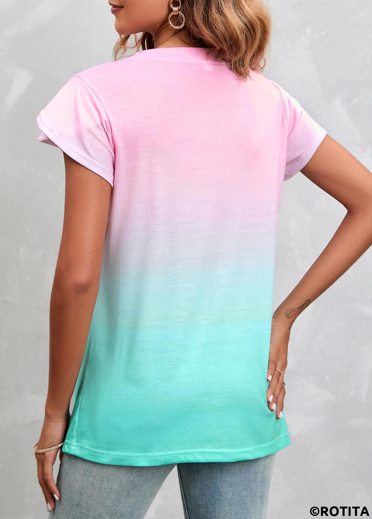 Pink tops,Green tops,Ombre tops,Ombre Pink V Neck Short Sleeve T Shirt
