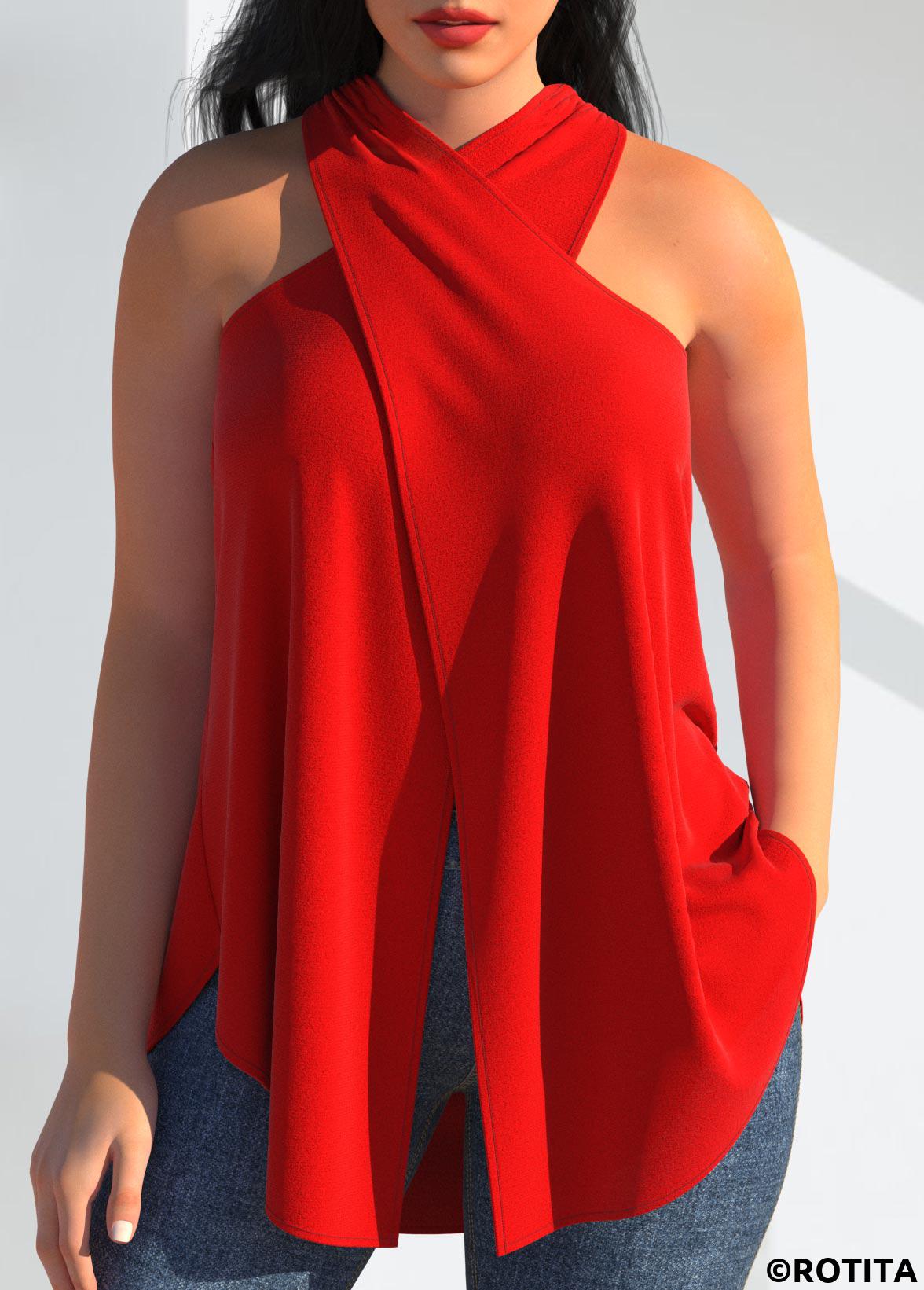 Red tops,Plain Color tops,ROTITA Cross Front Red Halter Tank Top
