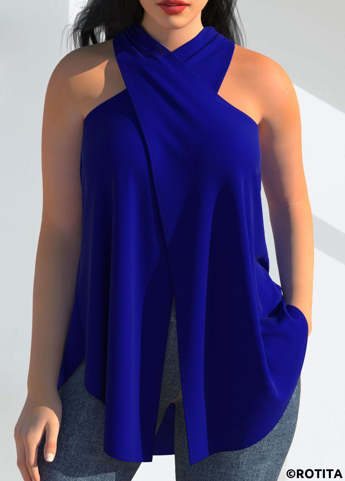 Royal Blue tops,Plain Color tops,ROTITA Royal Blue Halter Cross Front Tank Top