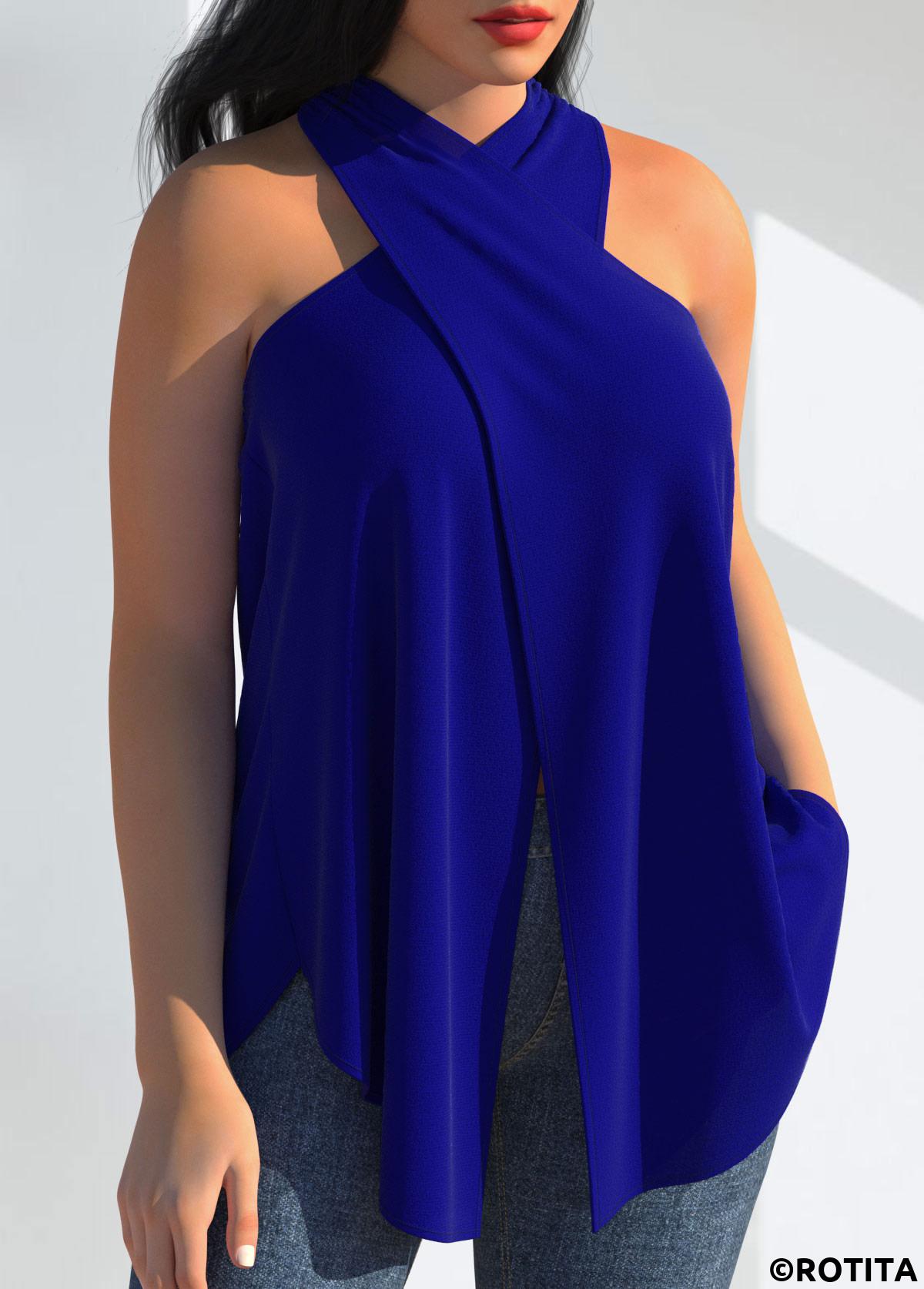 Royal Blue tops,Plain Color tops,ROTITA Royal Blue Halter Cross Front Tank Top