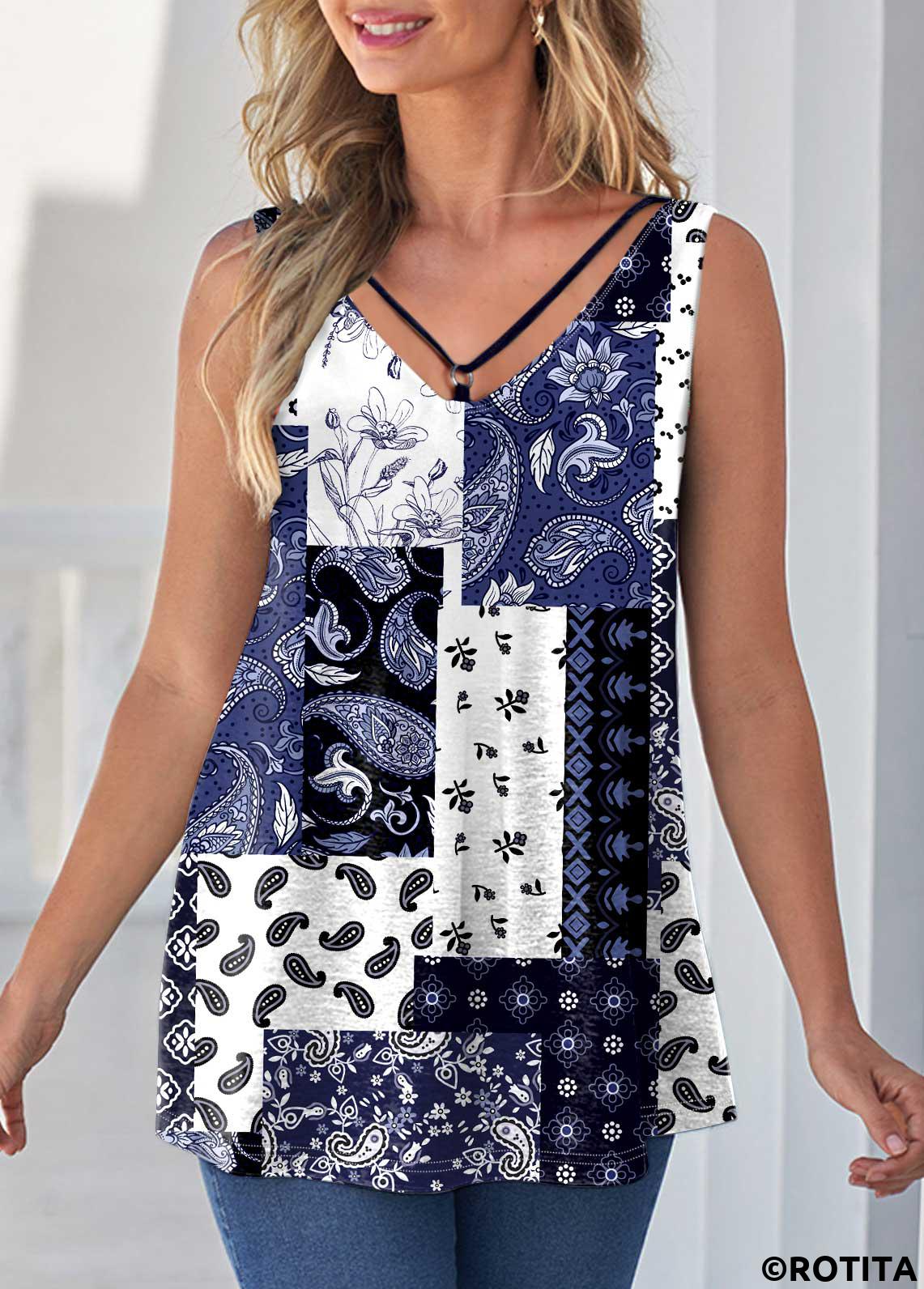 Navy tops,Paisley tops,ROTITA Paisley Print Ring Detail Navy Blue Tank Top