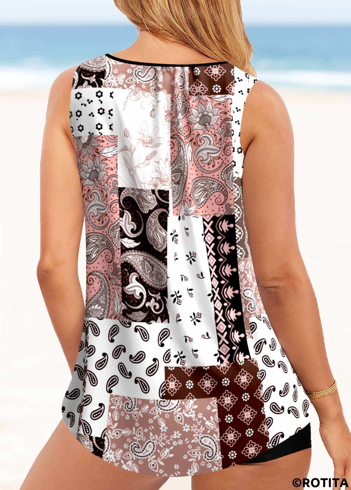 Pink swimwear,Tribal swimwear,ROTITA Tribal Print Ring Detail Pink Tankini Top