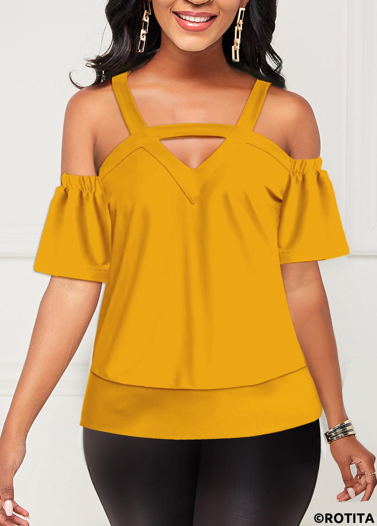 Ginger tops,Plain Color tops,ROTITA Cold Shoulder Cutout Front Ginger T Shirt