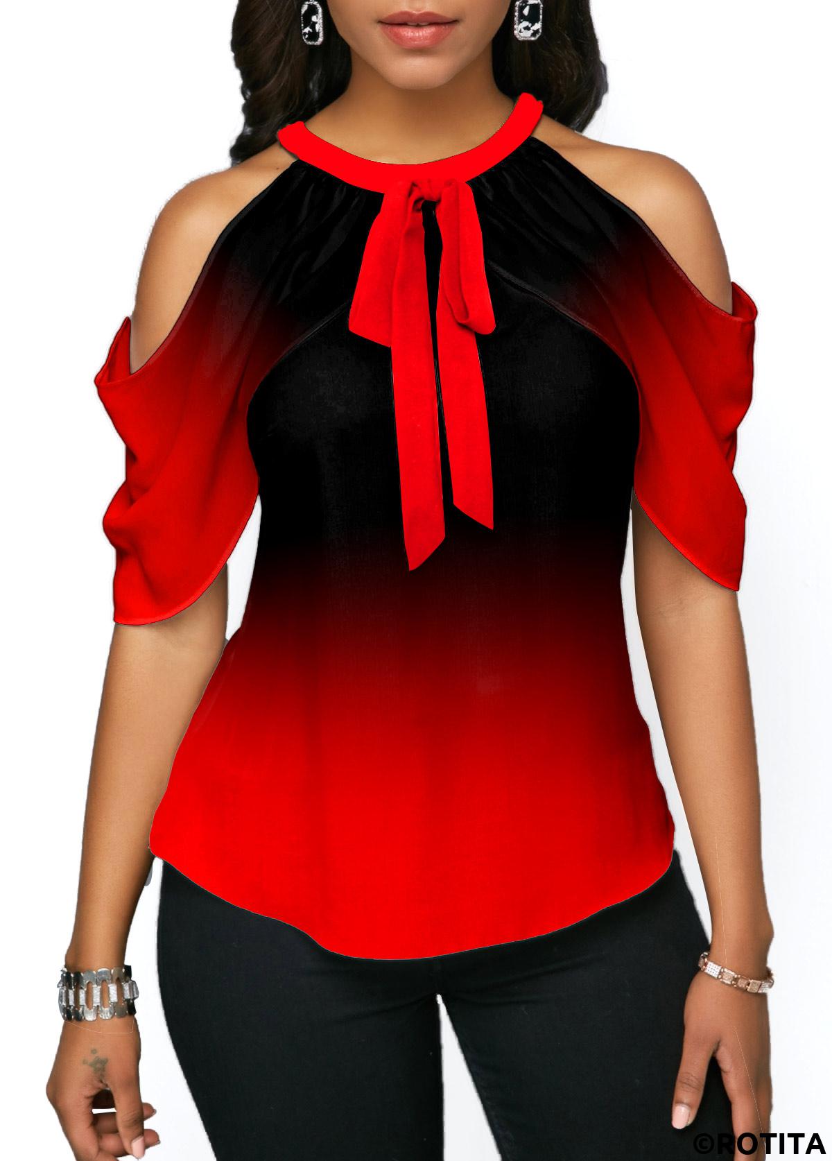 Red tops,Ombre tops,ROTITA Ombre Red Halter Cold Shoulder Blouse