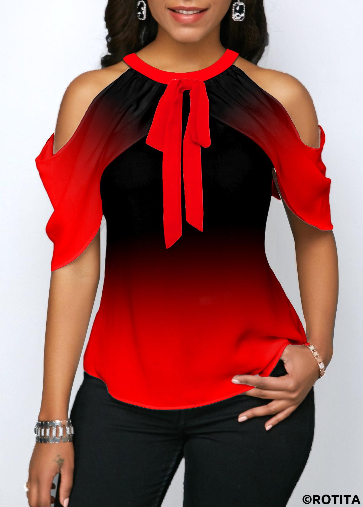 Red tops,Ombre tops,ROTITA Ombre Red Halter Cold Shoulder Blouse