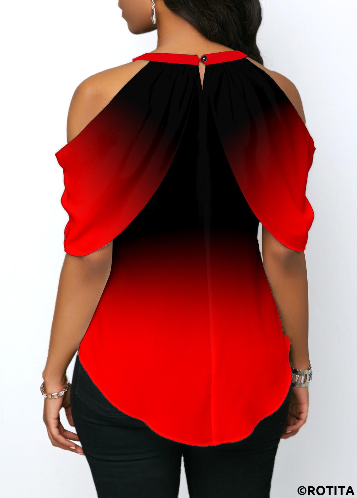 Red tops,Ombre tops,ROTITA Ombre Red Halter Cold Shoulder Blouse