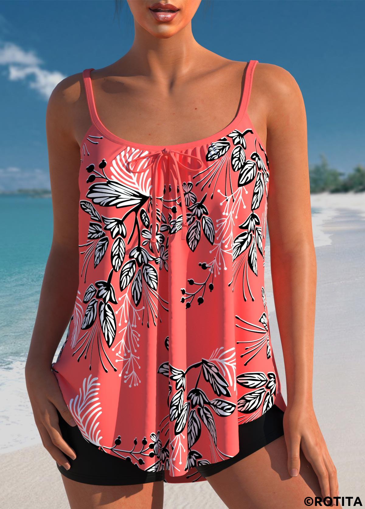 Coral swimwear,Plants swimwear,ROTITA Leaf Print Coral Red Bowknot Tankini Top