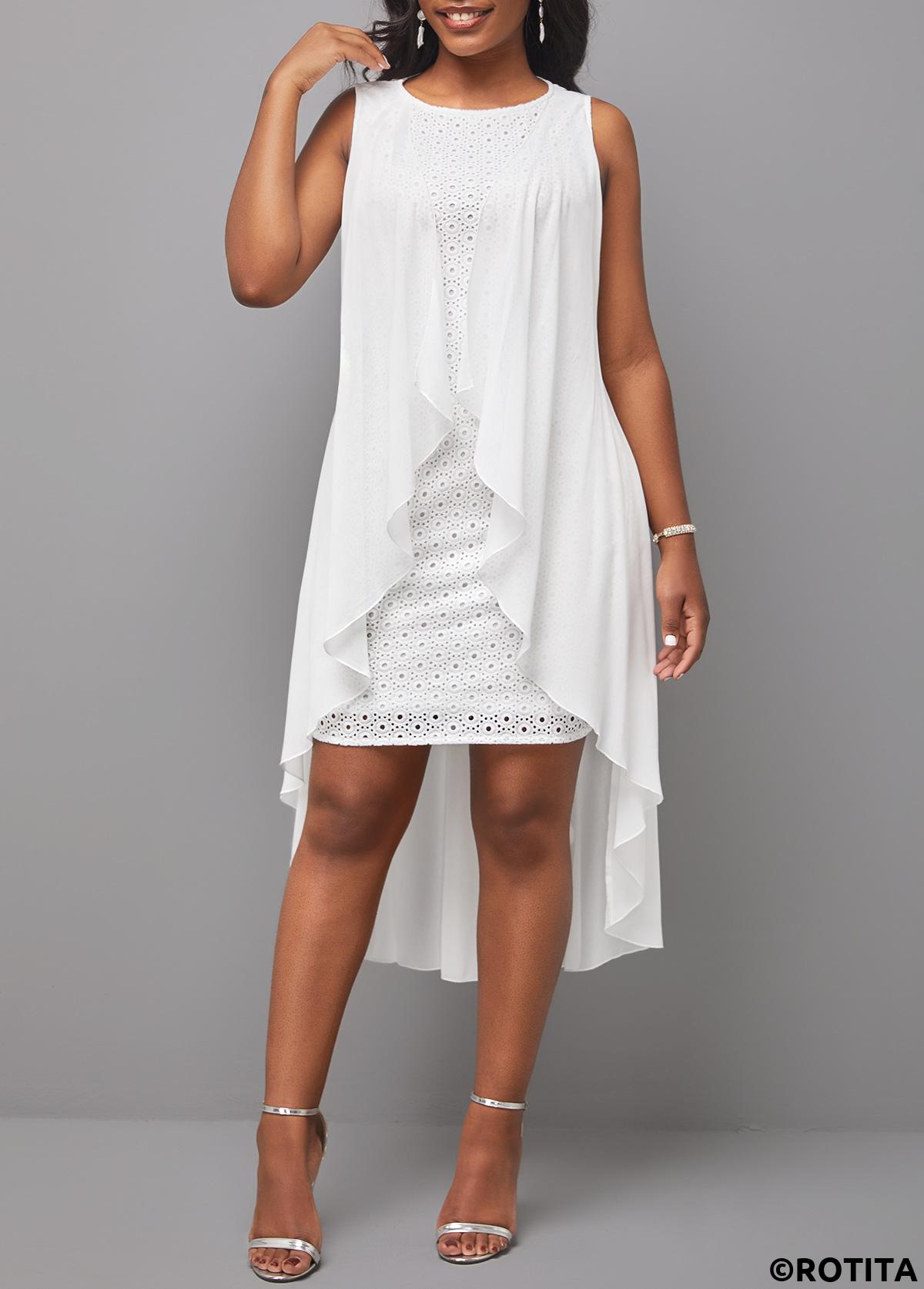 White dresses,Plain Color dresses,Party dresses,Elegant dresses,ROTITA White Round Neck Hollow Embroidered Sleeveless Dress
