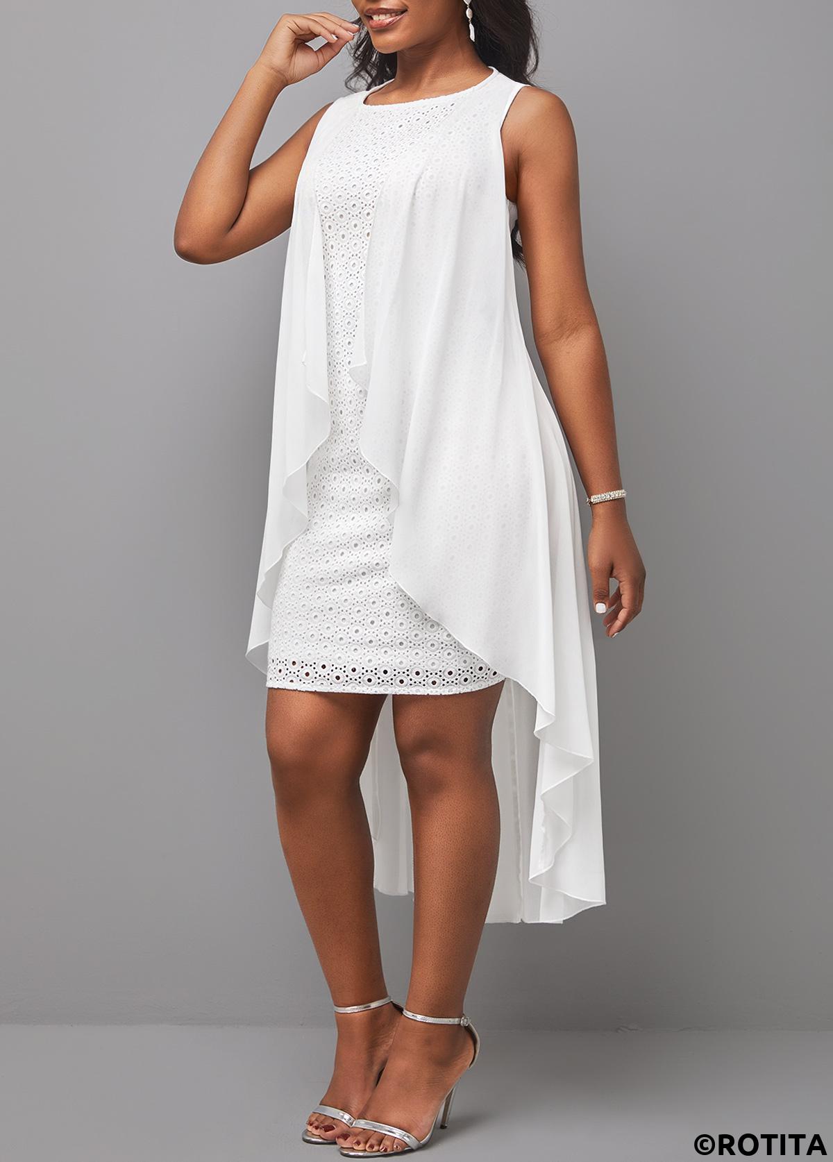 White dresses,Plain Color dresses,Party dresses,Elegant dresses,ROTITA White Round Neck Hollow Embroidered Sleeveless Dress